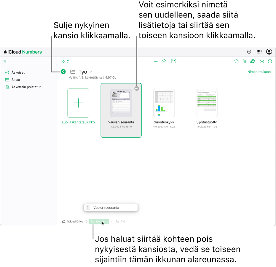 Dokumenttinäkymä on selausnäkymässä, ja laskentataulukkoa vedetään nykyisestä kansiosta uuteen sijaintiin (Numbers-kansioon) ikkunan alareunassa. Työkalupalkin alapuolella nykyisen kansion nimen (iWork) vasemmalla puolella näkyy Takaisin-painike.