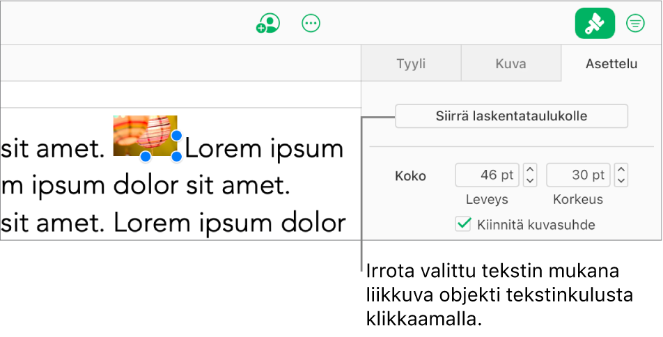 Tekstiin sidottu kuva on valittuna tekstilaatikossa. Sivupalkin Asettelu-välilehdessä näkyy Siirrä laskentataulukkoon -painike.