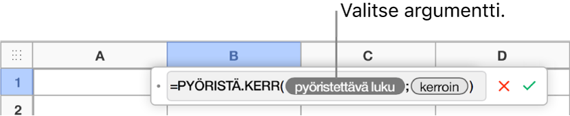 Kaavanmuokkaajassa SUMMA-funktio lisättynä ja selite arvoargumentin merkkiin.