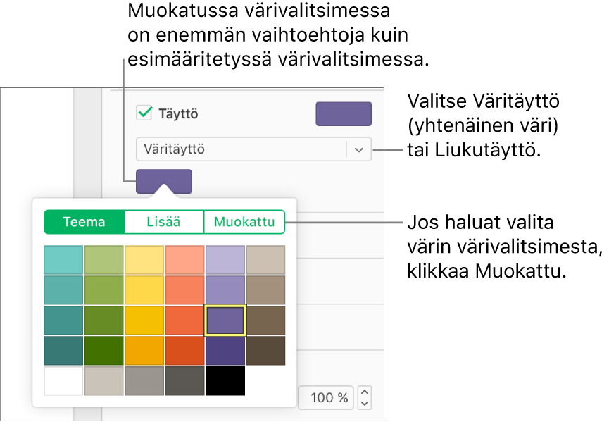 Väritäyttö on valittu Täyttö-valintaneliön alla olevassa ponnahdusvalikossa ja ponnahdusvalikon alla oleva värivalitsin näyttää lisää väritäyttövaihtoehtoja.