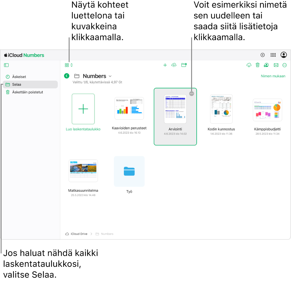 Dokumenttinäkymä on selausnäkymässä. Lisää-painike (kolme pistettä) näkyy valitun laskentataulukon oikeassa yläkulmassa. Laskentataulukoiden yläpuolella työkalupalkissa vasemmalla on ponnahdusvalikko, jossa voit valita kohteiden näyttämisen kuvakkeina tai luettelossa. Työkalupalkin keskellä ovat painikkeet laskentataulukon luomista tai lähettämistä sekä uuden kansion luomista varten. Työkalupalkissa oikealla ovat painikkeet lataamista, yhteistyötä, sähköpostin lähettämistä ja poistamista varten.