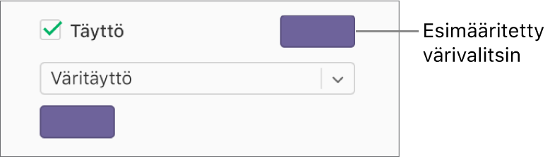 Täyttö-valintaneliö on valittuna sivupalkissa ja valmiiksi määritettyjen värien värivalitsin valintaneliön oikealla puolella on täytetty violetilla. Valintaneliön alla ponnahdusvalikossa on valittuna Väritäyttö.