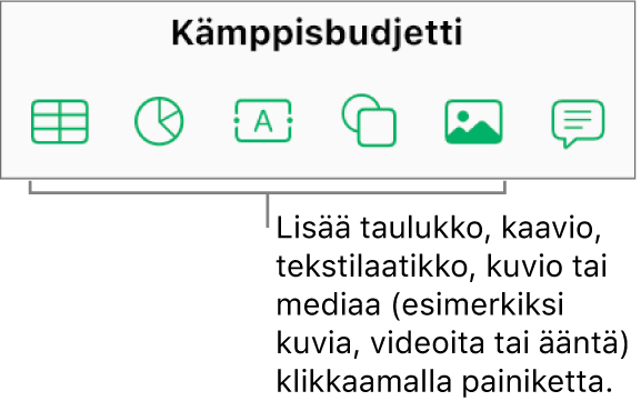 Nämä ovat työkalupalkin Taulukko-, Kaavio-, Teksti- Kuvio- ja Media-painikkeet.