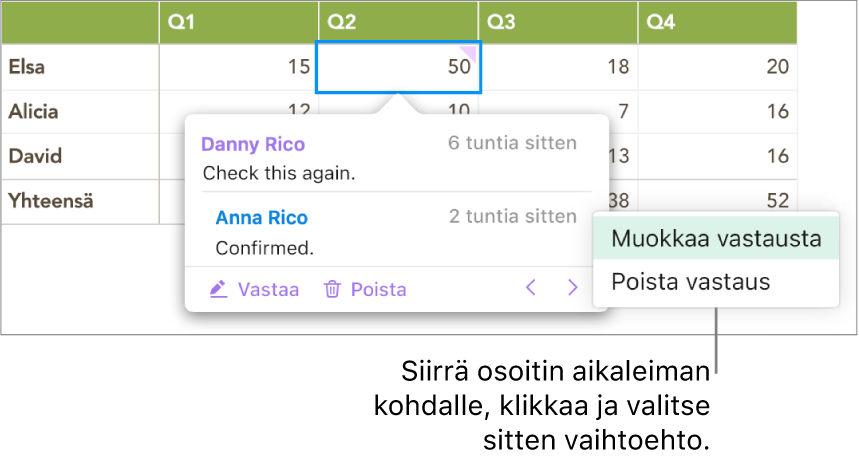 Vastauksen sisältävä kommentti on auki, hiiren osoitin on vastauksen aikaleiman kohdalla ja ponnahdusvalikossa näkyy kaksi vaihtoehtoa: Muokkaa vastausta ja Poista vastaus.