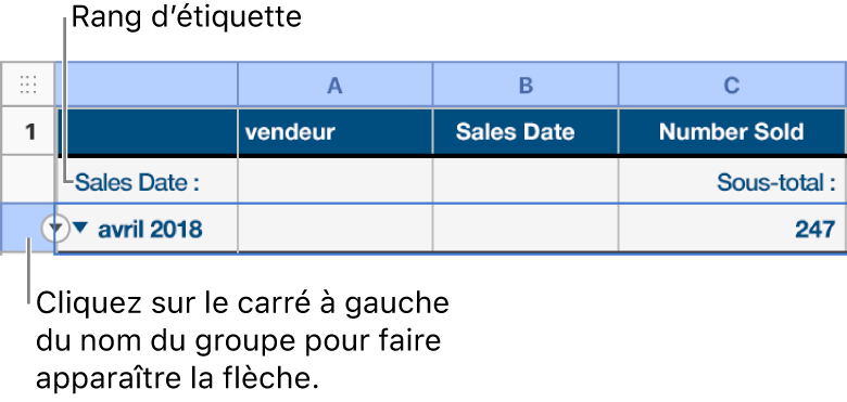 Le rang de résumés est sélectionné dans un tableau trié par catégories et une flèche vers le bas apparaît sur sa bordure. Le rang des étiquettes situé au-dessus du rang de résumés indique le nom de la catégorie au-dessus du nom du groupe, ainsi que le nom d’une fonction, le sous-total, dans la troisième colonne.