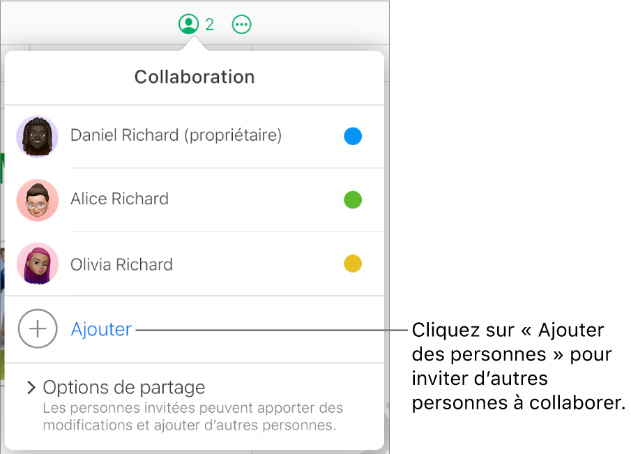 Le menu Collaboration est ouvert, avec une option Ajouter des personnes sous la liste des participants.