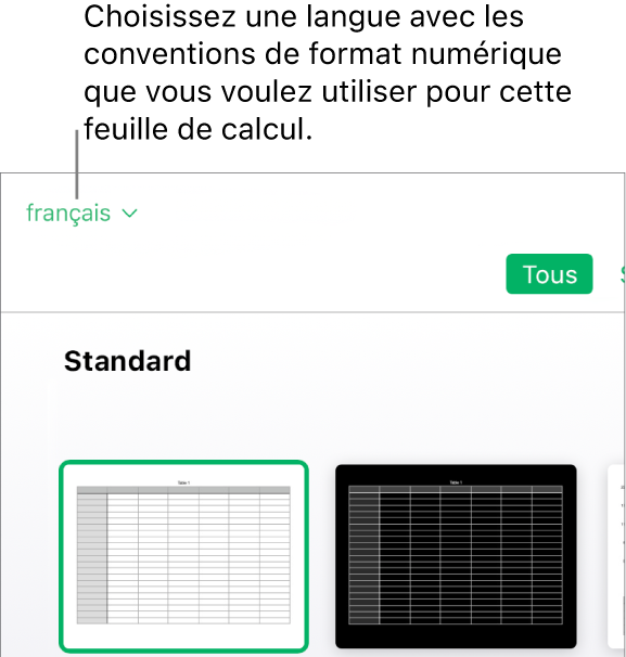 Menu local en haut à gauche de la liste de modèles dans lequel l’option Anglais (États-Unis) est sélectionnée.