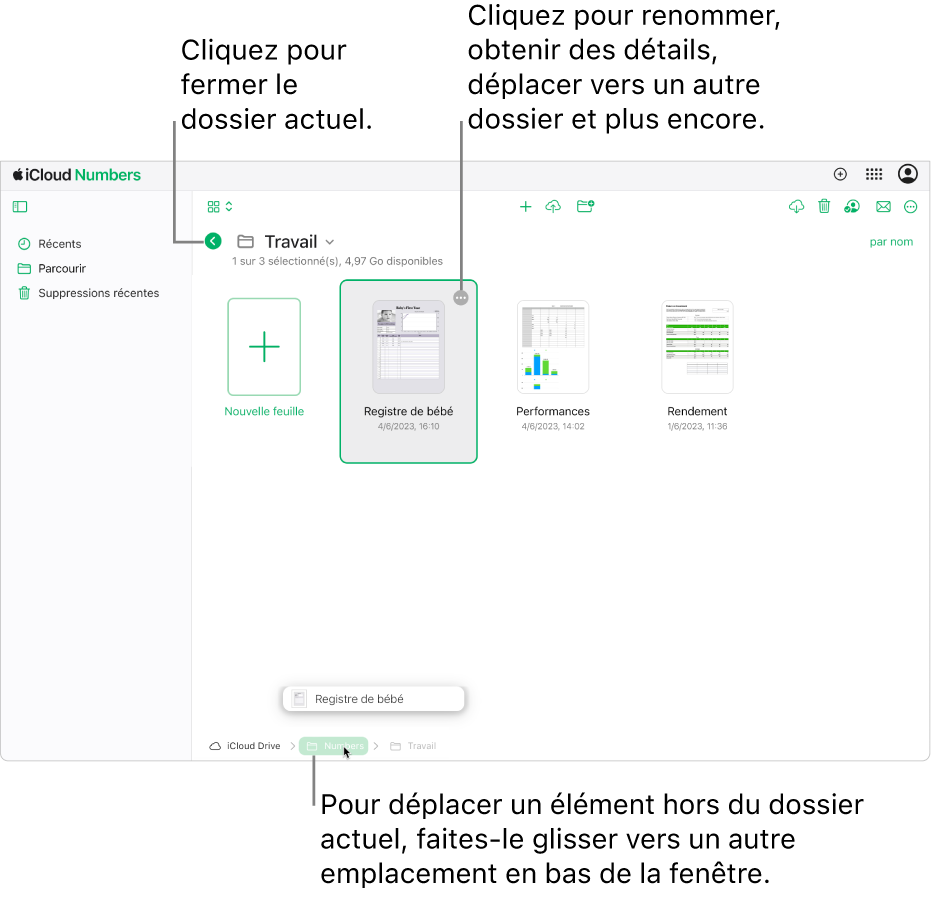 Le gestionnaire de documents en présentation de navigation, montrant le glissement d’une feuille de calcul du dossier actuel vers un nouvel emplacement (le dossier Numbers) au bas de la fenêtre. Sous la barre latérale, un bouton Retour s’affiche à gauche du nom du dossier en cours (Travail).