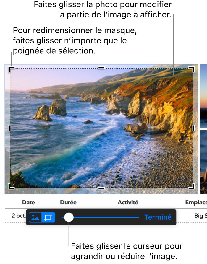 Image sélectionnée avec commandes de Masque visibles en bas. La légende montre une poignée de sélection de coin, les limites de l’image et le curseur de la commande de masque.