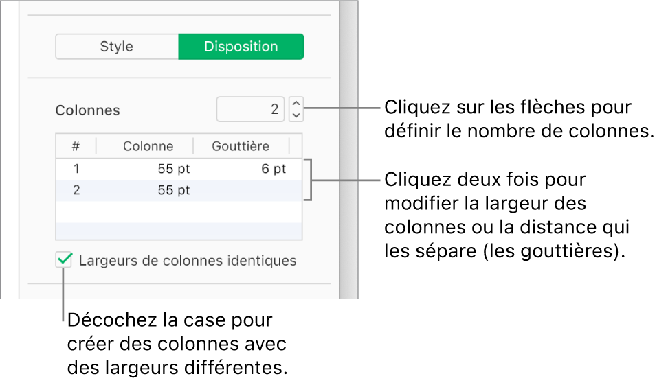 Commandes des colonnes de texte dans le volet Disposition de la barre latérale Format.