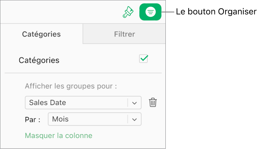 Le bouton Organiser est sélectionné dans la barre d’outils et les règles décrivant la catégorie s’affichent dans l’onglet Catégories de la barre latérale Organiser. Les données sont actuellement organisées par Date de vente, puis regroupées par mois.