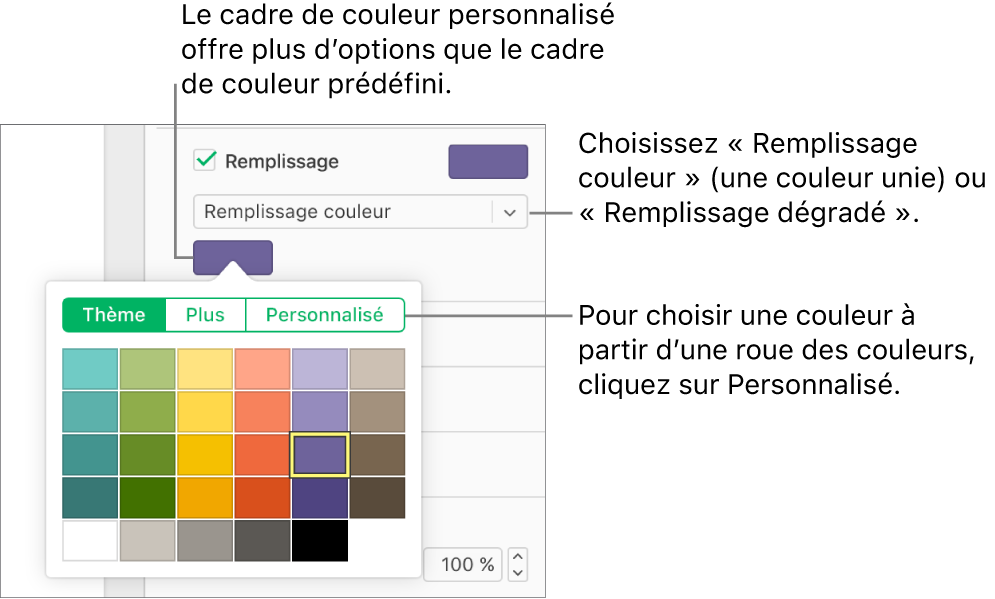 Remplissage couleur est sélectionné dans le menu Remplissage et le cadre de couleur affiché en dessous propose des couleurs de remplissage supplémentaires.