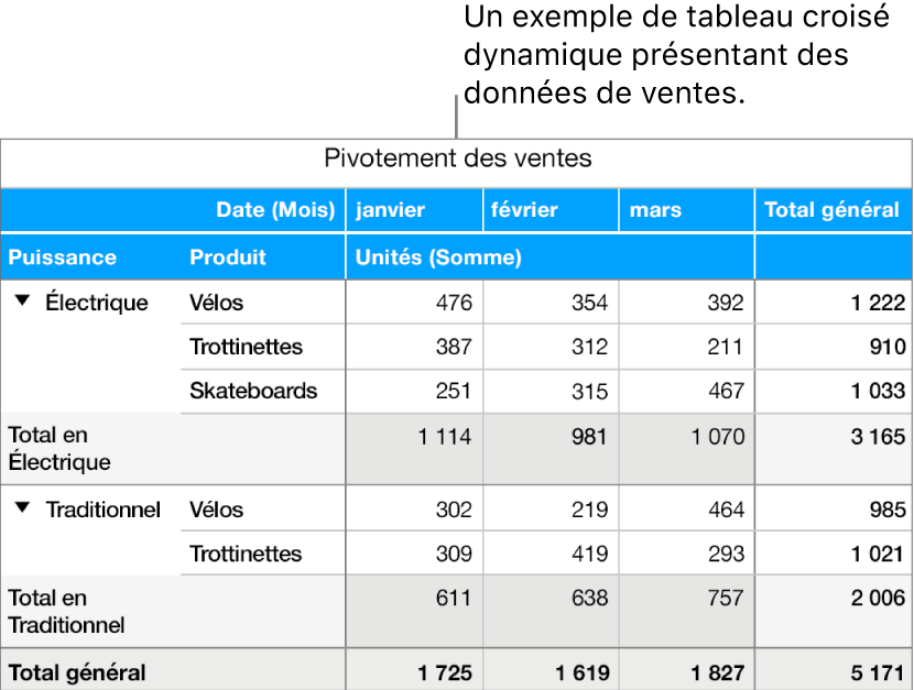 Un tableau croisé dynamique présentant des données synthétisées pour des vélos, des trottinettes et des skateboards, ainsi que des commandes pour afficher certaines données.