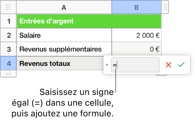 Éditeur de formules ouvert avec = et aucune formule saisie.