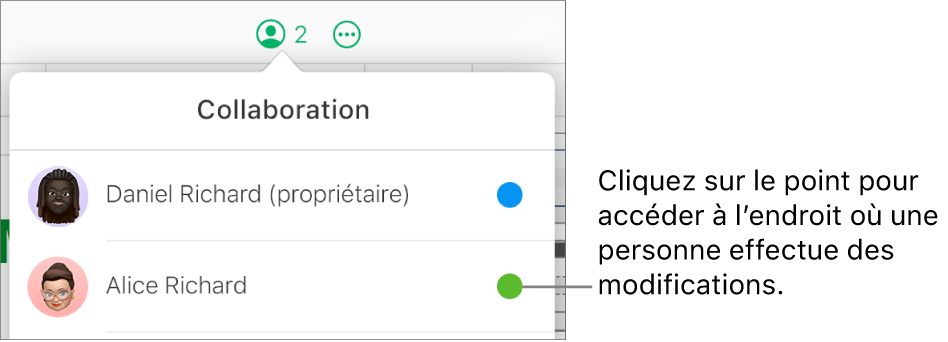 Le menu Collaboration est ouvert, avec deux participants et un point de couleur différent à droite du nom de chacun d’eux.