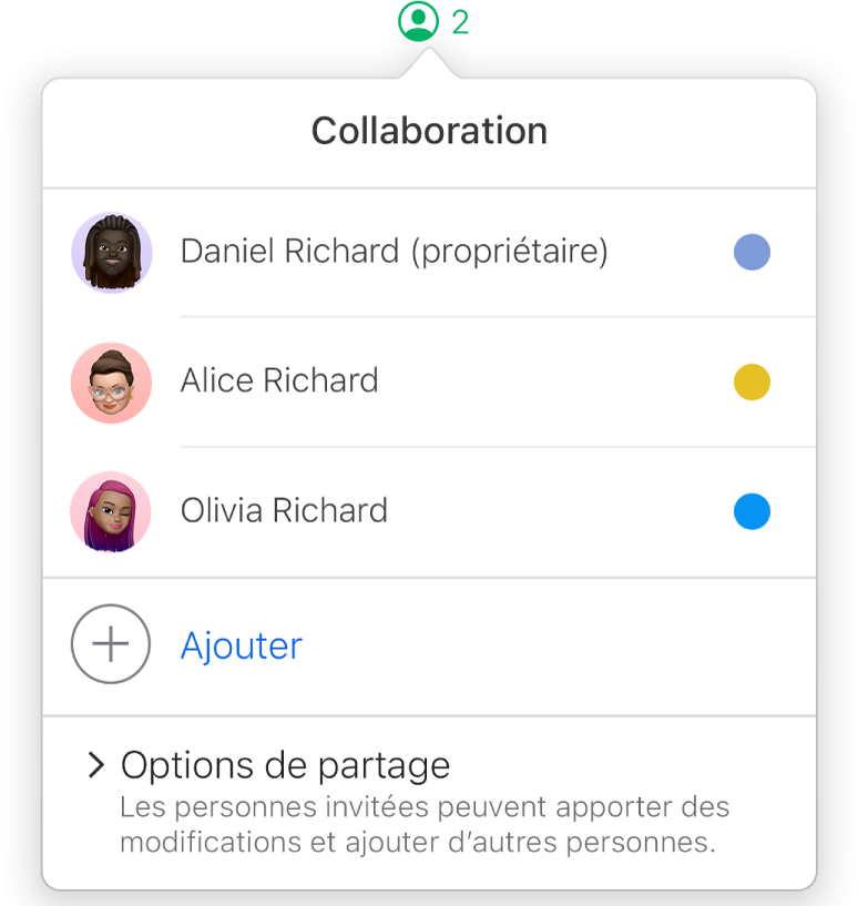 Le menu Collaboration affichant le nom des personnes qui collaborent sur la feuille de calcul. Les options de partage se trouvent sous les noms.