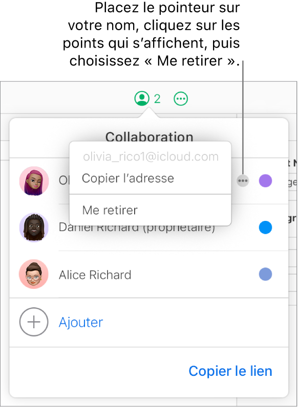 Le menu Collaboration est ouvert, avec un utilisateur cliquant sur le bouton Plus à droite du premier participant et une option Me retirer disponible.