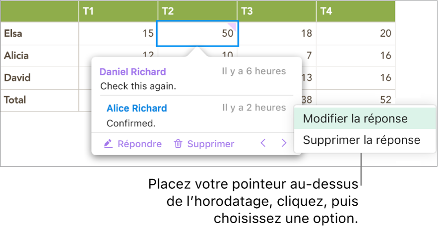 Un commentaire avec une réponse et le pointeur placé sur l’horodatage de la réponse. Un menu local propose deux options : Modifier la réponse et Supprimer la réponse.