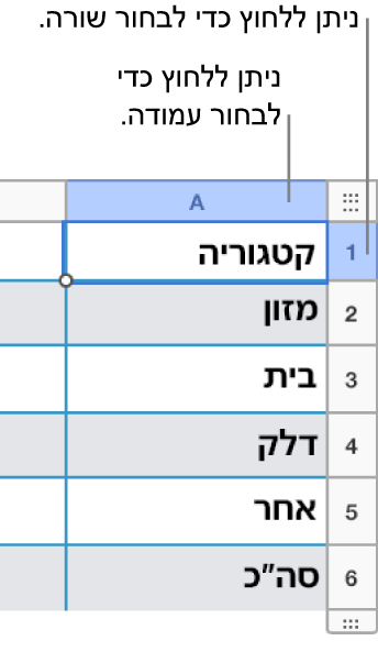 שורה נבחרת עם הסברים המצביעים על בחירת השורה והעמודה.