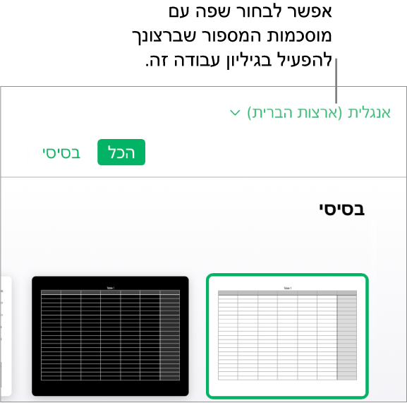 התפריט הקופץ בפינה השמאלית העליונה של בורר התבניות שבו נבחרה אנגלית (ארה״ב).
