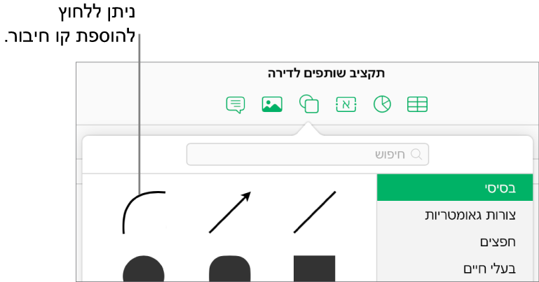 ספריית הצורות פתוחה, הקטגוריה ״בסיסי״ נבחרה מצד ימין ומספר שורות וצורות, כולל קו מעוקל, גלויות מצד שמאל.