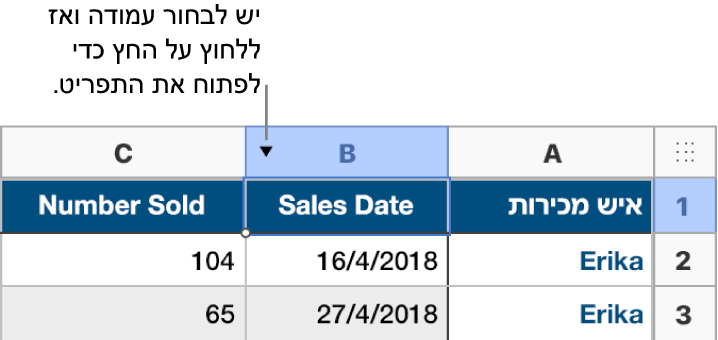 טבלה שבה נבחרה העמודה השנייה וחץ מופיע לצד אות העמודה B.