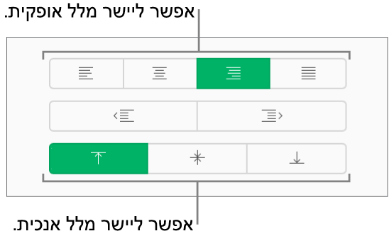 לחצני היישור האנכי והאופקי של מלל בסרגל הצד ״עיצוב״.