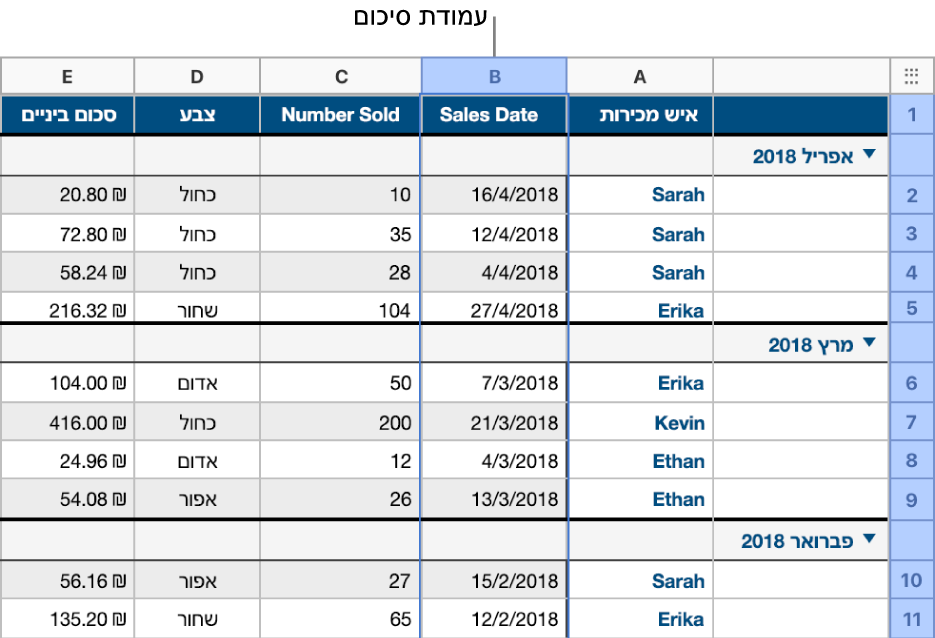 טבלה עם נתונים על מכירת חולצות בסיווג לפי תאריך המכירה; שורות הנתונים מקובצות לפי חודש ושנה (הערכים המשותפים בעמודת המקור).