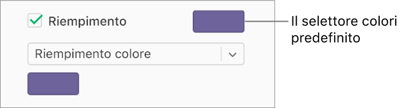 Il riquadro Riempimento è selezionata e l’area dei colori predefinita a destra della casella ha un riempimento di colore viola. Sotto il riquadro, viene selezionato Riempimento colore in un menu a comparsa.