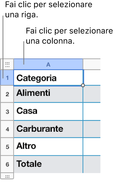 Una riga di tabella selezionata con didascalie sulle selezioni di riga e colonna.