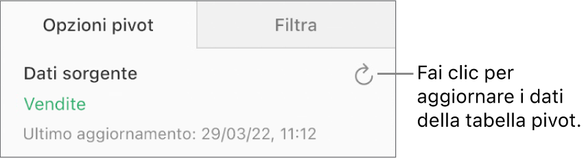 Il pannello “Opzioni pivot” che mostra il pulsante Aggiorna in alto a destra.