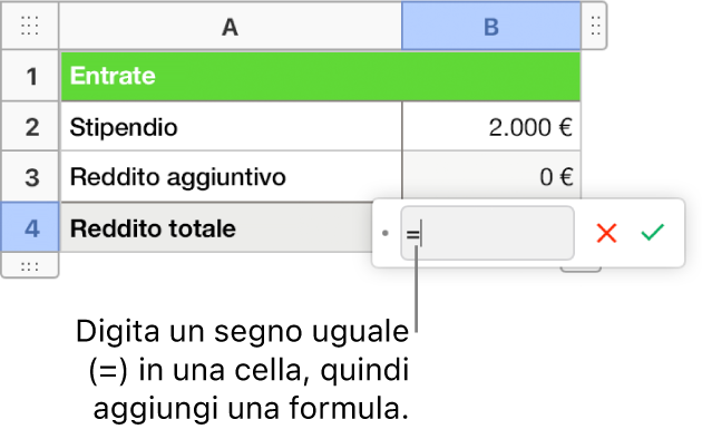 L'editor di formule è aperto con il segno uguale (=) e nessuna formula inserita.