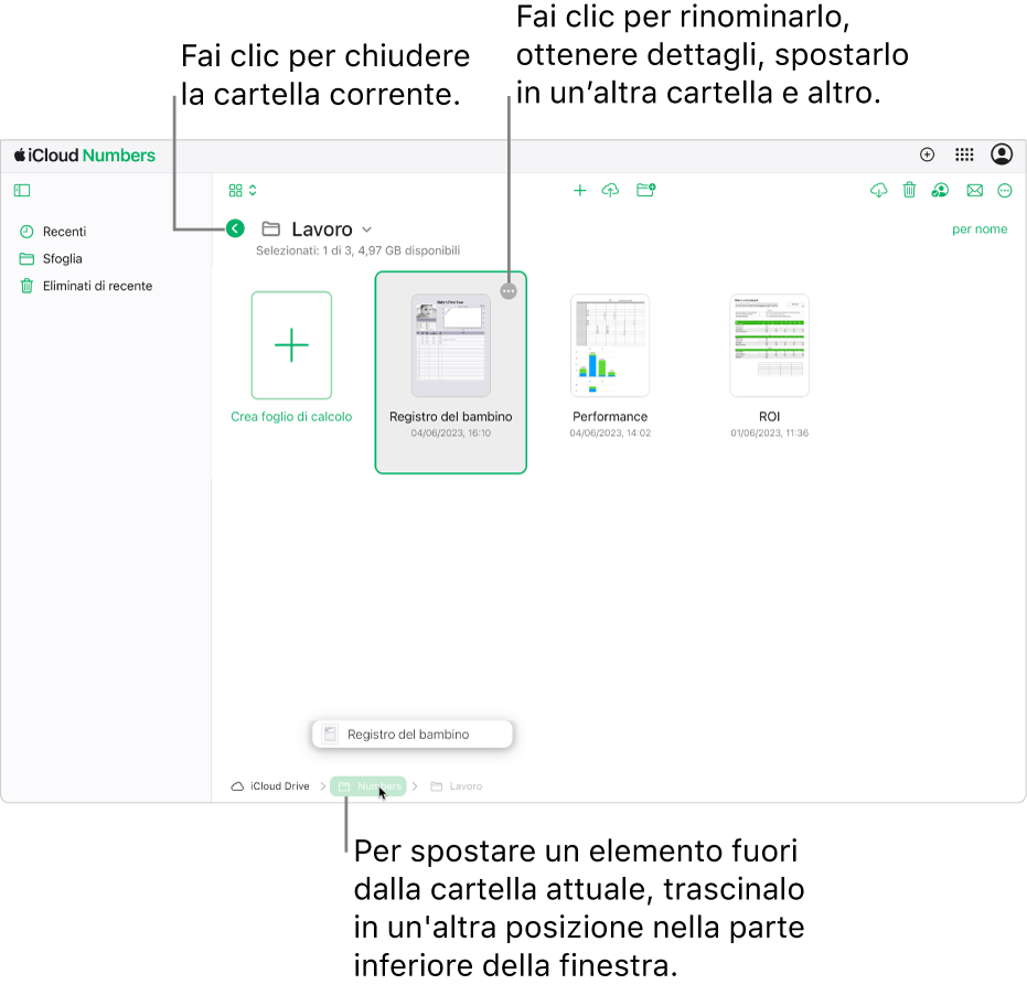 La vista Sfoglia del gestore documenti, con un foglio di calcolo che viene trascinato in una nuova posizione (la cartella di Numbers) nella parte inferiore della finestra. Sotto la barra strumenti, il pulsante Indietro viene visualizzato a sinistra del nome della cartella visualizzata (Lavoro).