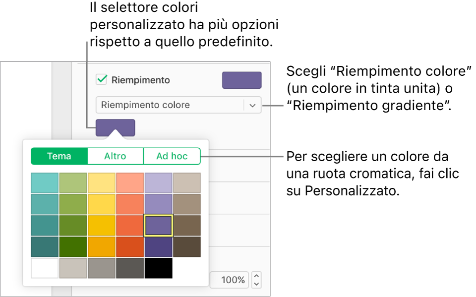 Riempimento colore è selezionato nel menu a comparsa sotto il riquadro Riempimento, e il riquadro colore sotto al menu a comparsa mostra maggiori opzioni di riempimento colore.