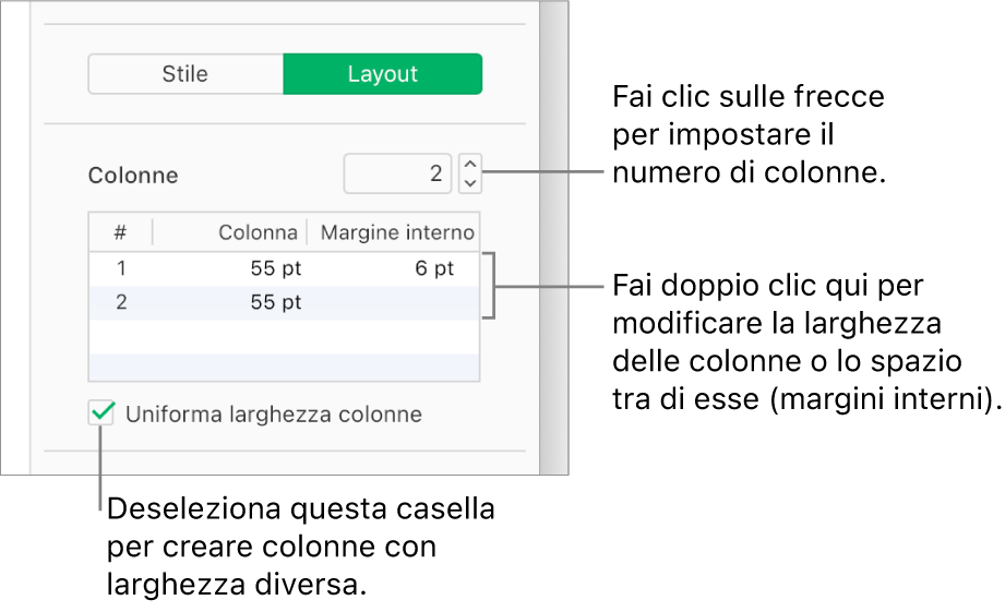 I controlli della colonna di testo nel pannello Layout della barra laterale Layout.