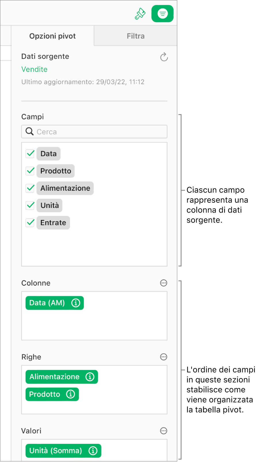 Il pannello “Opzioni pivot” nella barra laterale Organizza, che mostra campi nelle sezioni Colonne, Righe e Valori, nonché i pulsanti Altro e Info per modificare i campi e aggiornare la tabella pivot.