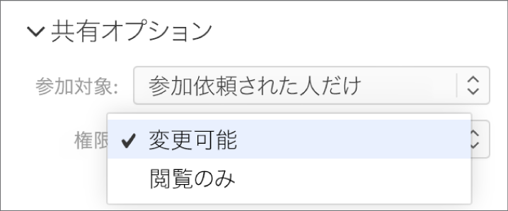 「共有オプション」の下に「アクセス権」ポップアップメニューが開いている。ほかのユーザにスプレッドシートの変更を許可するか閲覧のみを許可するかを選択できる。