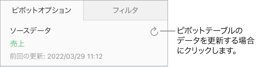 右上に「更新」ボタンが表示されている「ピボットオプション」タブ。