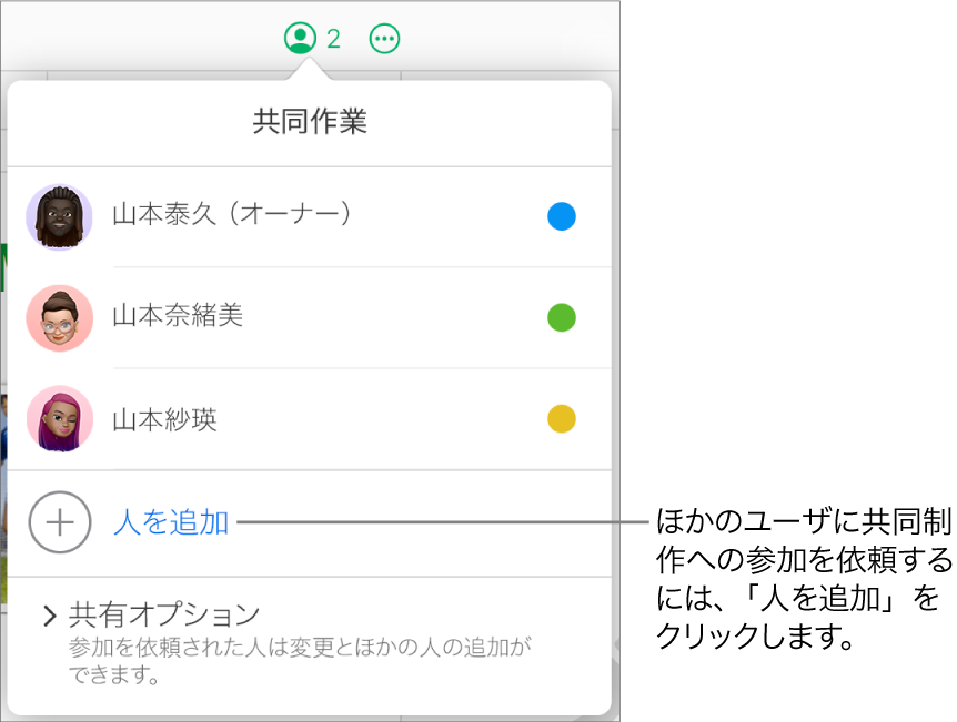 「共同作業」メニューが開き、参加者リストの下に「ユーザを追加」オプションが表示されている。