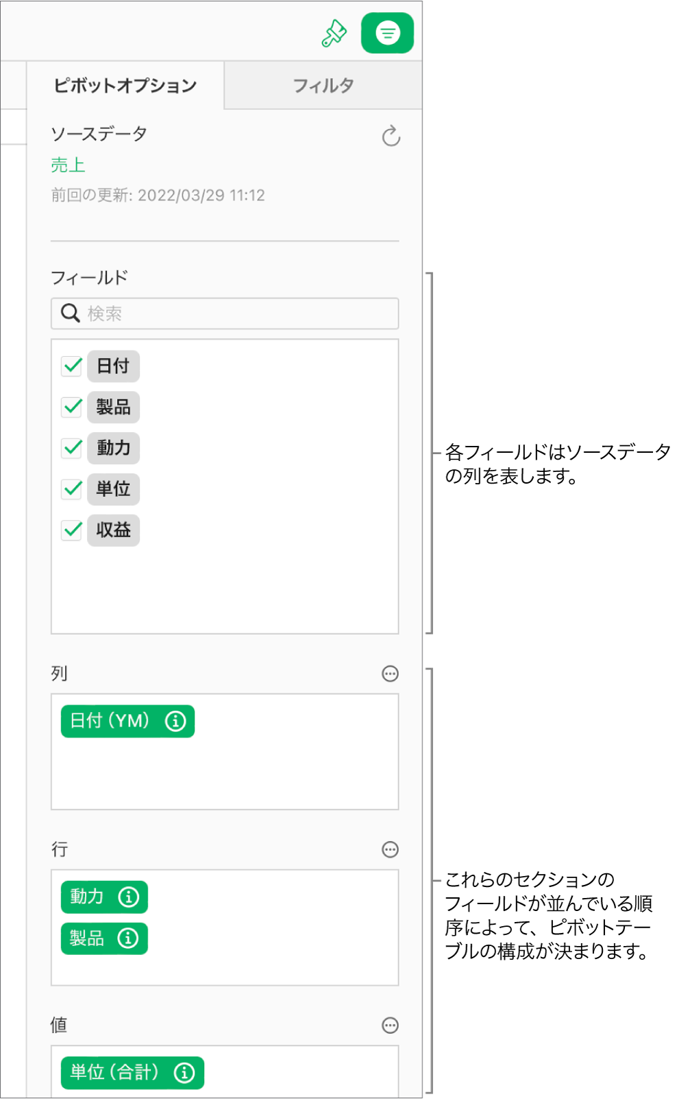 「整理」サイドバーの「ピボットオプション」タブには、「列」、「行」、「値」セクションにフィールドが表示されるとともに、フィールドを編集してピボットテーブルを更新するための「詳細」ボタンと「情報」ボタンが表示されています。