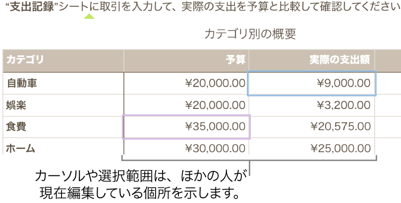 他のユーザが共有スプレッドシートのどの部分を編集しているか示す、異なるカラーのカーソルや表のセル選択。