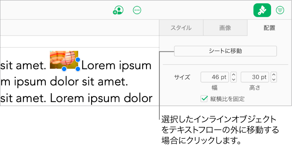 テキストボックス内のインライン画像が選択され、サイドバーの「配置」タブに「シートに移動」ボタンが表示されている。