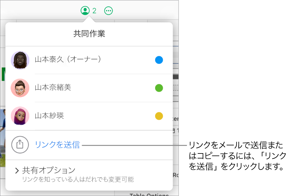 「共同作業」メニューが開き、参加者リストの下に「リンクを送信」オプションが表示されている。