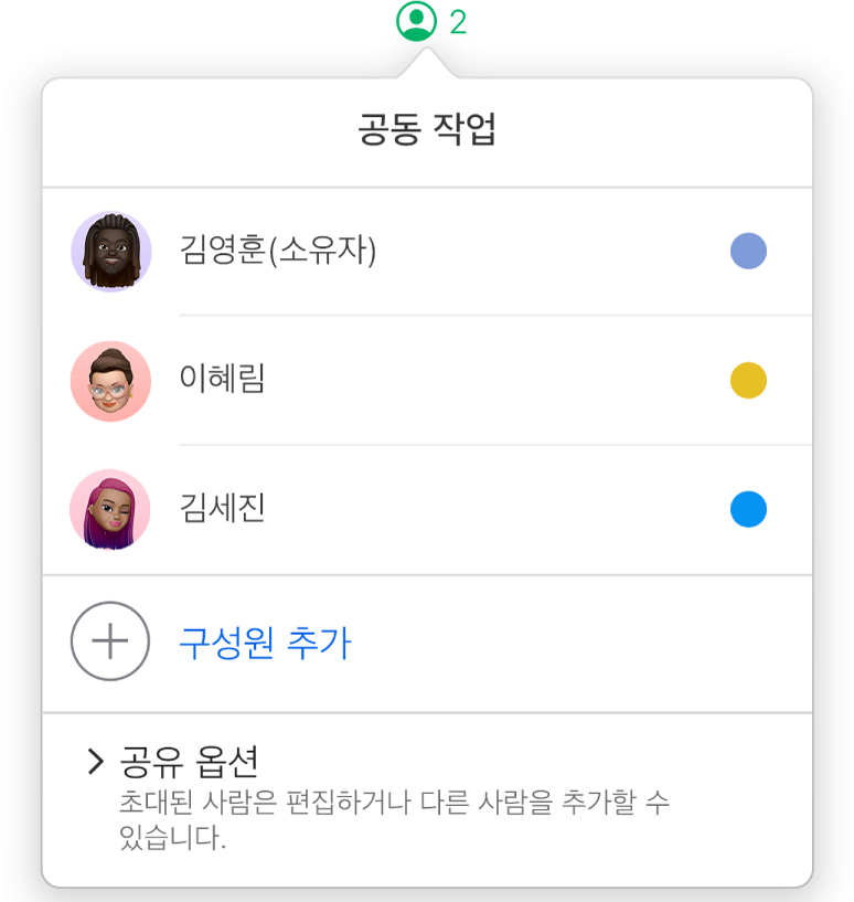 스프레드시트를 공동 작업하는 사람들의 이름을 표시하는 공동 작업 메뉴. 이름 아래에는 공유 옵션이 있음.