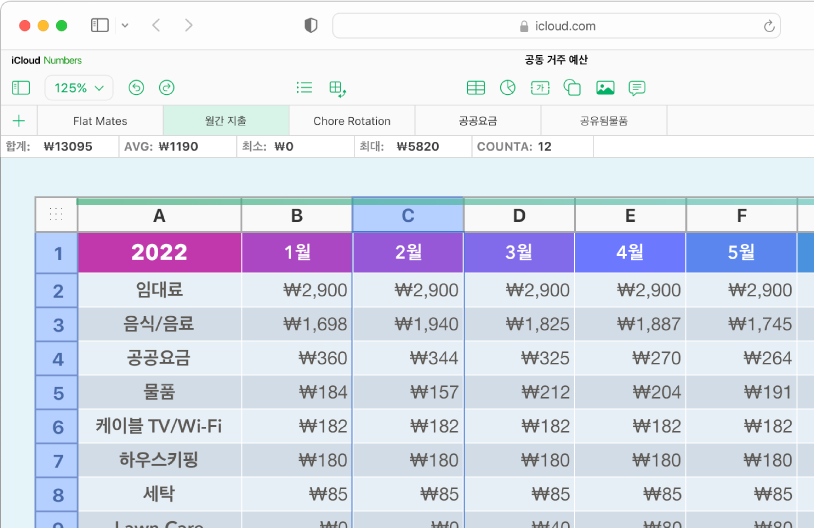 머리말과 데이터가 포함된 표.