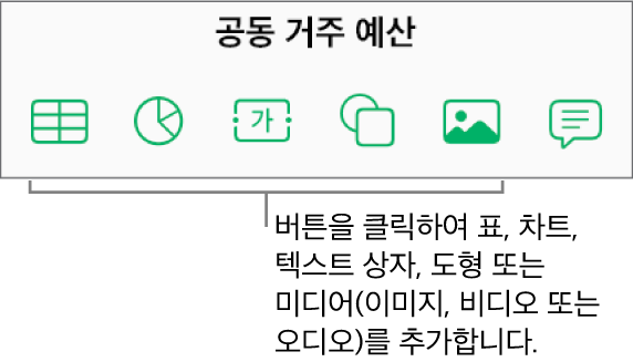 도구 막대의 표, 차트, 텍스트, 도형 및 미디어 버튼.
