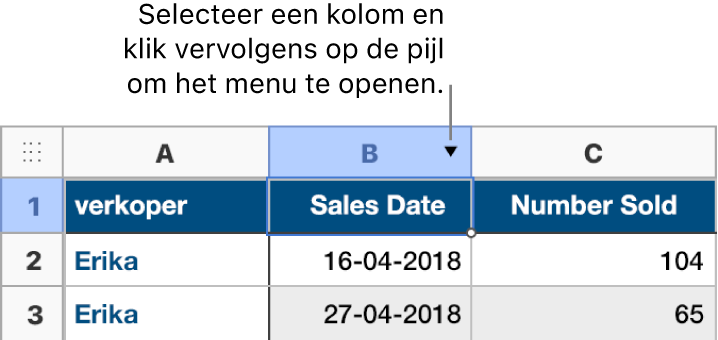 Een tabel waarbij de tweede kolom is geselecteerd; er verschijnt een pijl rechts van de kolomletter B.