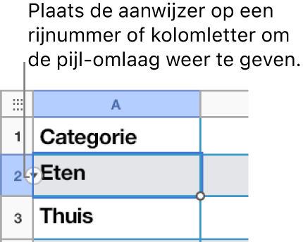 Er is een rijnummer geselecteerd in een tabel en rechts ervan wordt een pijl omlaag weergegeven.