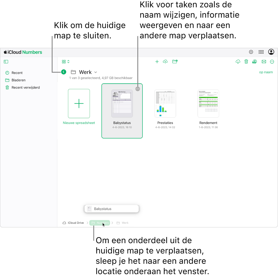 De documentmanager in de bladerweergave waarin een spreadsheet van de huidige map naar een nieuwe locatie (de Numbers-map) onderaan het venster wordt gesleept. Onder de knoppenbalk staat een terugknop links van de naam van de huidige map ('Work').