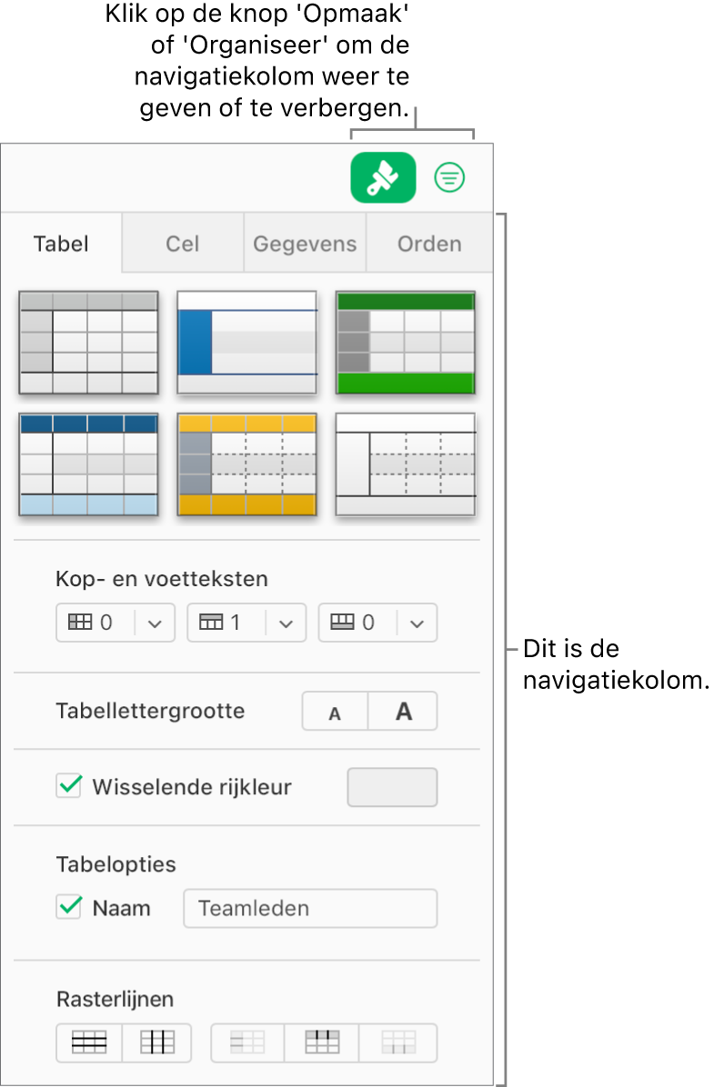 De knop 'Opmaak' is geselecteerd in de knoppenbalk en de regelaars voor bijvoorbeeld de tabelstijl en de kleur staan in de navigatiekolom rechts van de spreadsheet. De knop 'Organiseer' wordt rechts van de knop 'Opmaak' weergegeven in de knoppenbalk.